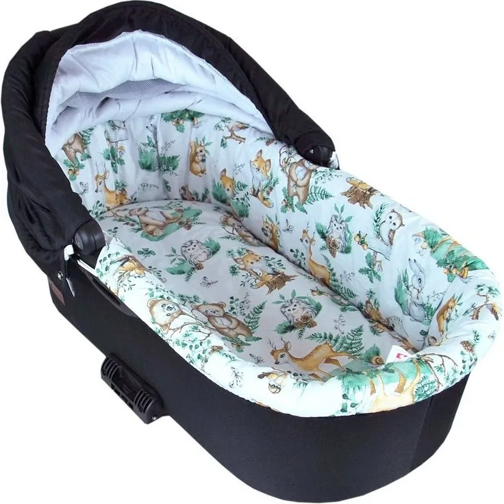 BABYLUX Nestchen für Kinderwagen Stubenwagen BABYWANNE + Matratze 2 Tlg Set Doppelseitig (W15 - Grün + Waldtiere)