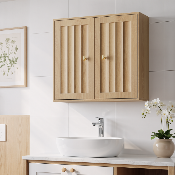 Badezimmer-Wandschrank 61,5 x 20 x 56 cm aus MDF und Spanplatte, Eiche, mit 2 Türen – Bild 3
