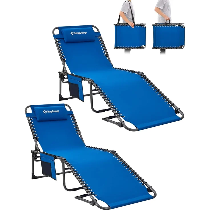 KingCamp Campingliege Sonnenliege Gartenliege Camping-Klappbett mit verstellbarem Rückenteil und Kopfkissen für Garten Urlaub Outdoor 2 Set Blau