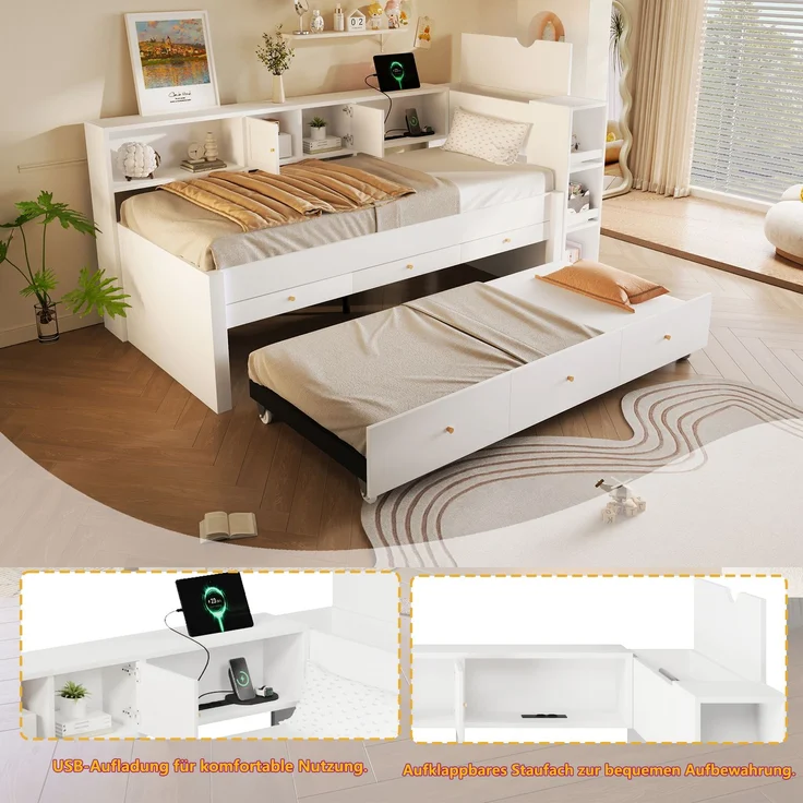 EINHOM 90x200 cm Holzbett mit USB-Ladeanschluss, 3 Schubladen und ausziehbarem Gästebett, Stauraumbett (Ohne Matratze) – Bild 5