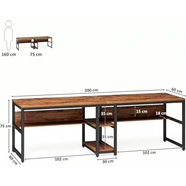 LITTLE TREE Schreibtisch Computertisch 240 x 75 x 60 cm, großer Schreibtisch aus Industriell Holz und Metall als Bürotisch Arbeitstisch für 2 Personen, ideal für Homeoffice Gaming, Braun – Bild 3