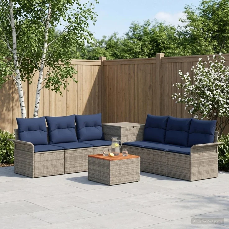 vidaXL Sofa Set 8 stk. Grau und Marineblau Polyrattan und Stahl 3448011 – Bild 1