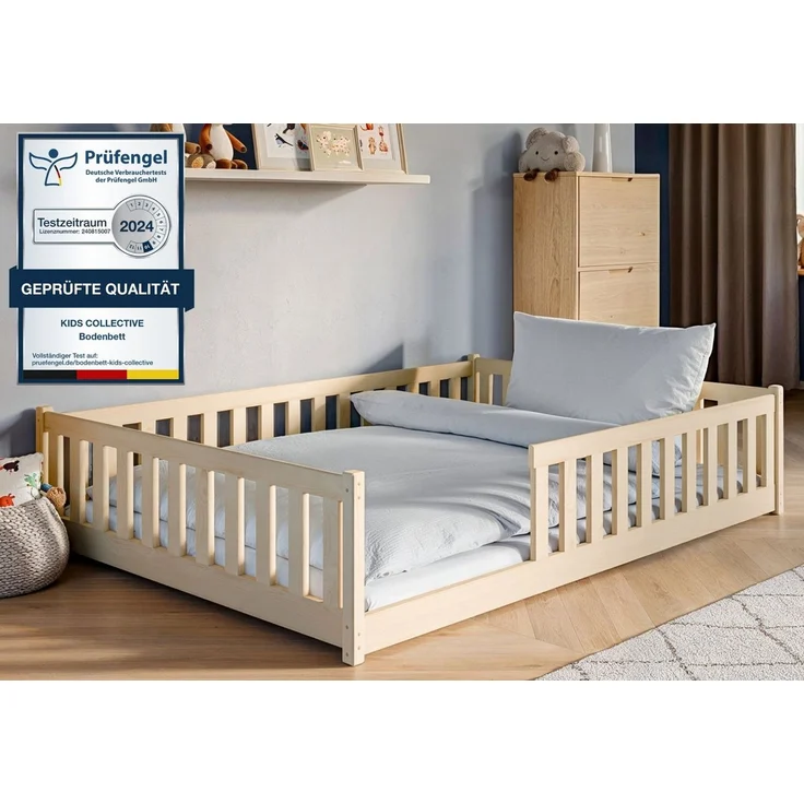 Kinderbett Bodenbett 140x200 cm Bett mit Rausfallschutz & Lattenrost Montessori Bett Bed Gitterbett Kinder Jugendbett Einzelbett optional mit Matratze | Natur Kiefer Holz massiv Junge Mädchen – Bild 1