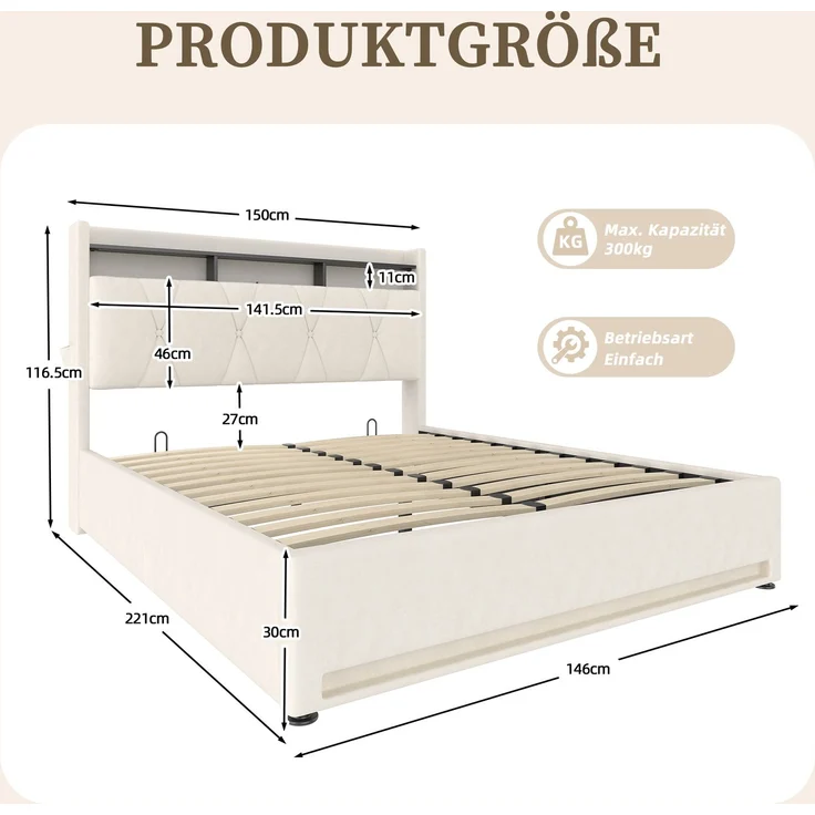 Polsterbett, Samt mit LED & Stauraum-Kopfteil, 140x200 cm, Beige, ohne Matratze – Bild 10
