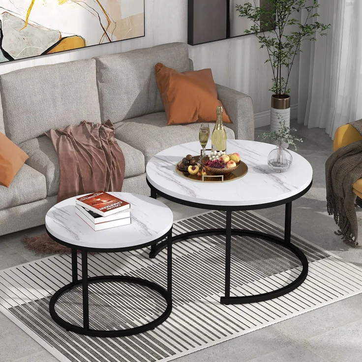 2er Set Runder Couchtisch Weiß-Marmor, Nesting Beistelltisch Wohnzimmer, Moderner Sofatisch aus MDF – Bild 2