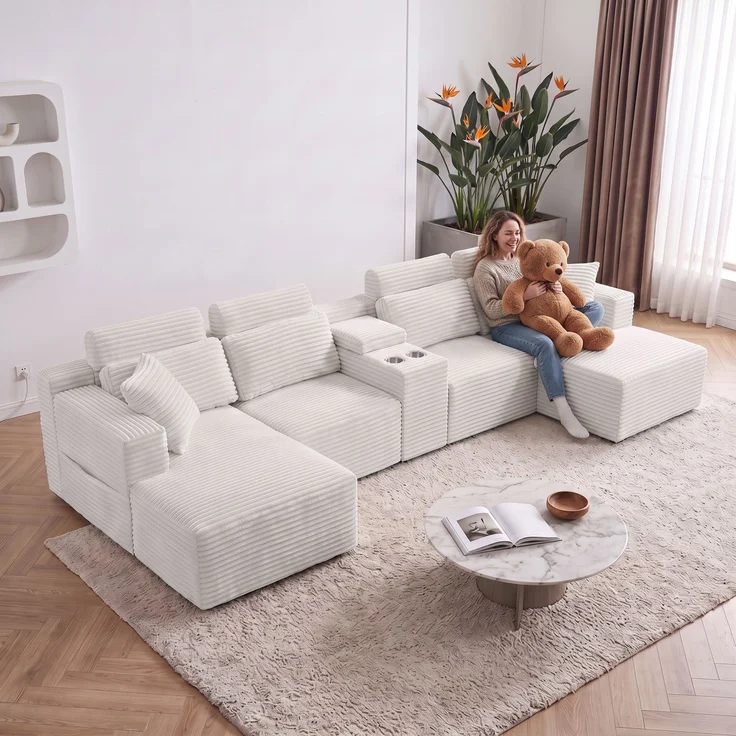 ZUBALIYA Boneless Compression Sofa, U-förmiges modulares Sofa mit integrierten Becherhaltern, Off-Weiß, 372 x 151 x 80 cm – Bild 5