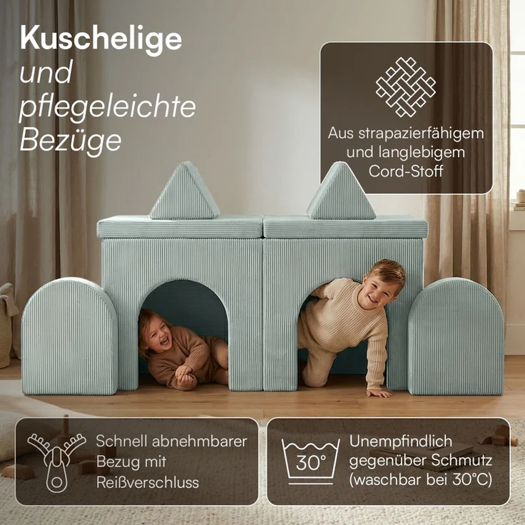 Bellabino 'Nile' Spielsofa mit Toren, 8-tlg, Cord, türkis, faltbare Kindercouch, abnehmbarer & waschbarer Bezug, Kindersofa aus Schaumstoff, Oeko-Tex zertifiziert – Bild 5