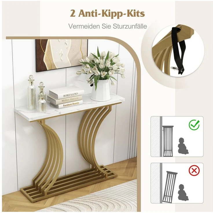 COSTWAY Konsolentisch, Gold, schmaler Flurtisch, marmor, mit Metallbeinen – Bild 2
