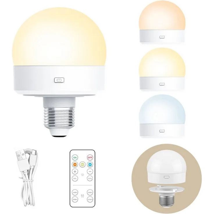 Jibenhome LED Nachtlicht USB Dimmbar LED Glühbirne, Schranklicht E27 Akku Aufladbar Batterie, 3 Farben, Wiederaufladbare mit Fernbedienung & Timing