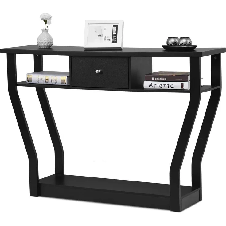 COSTWAY Konsolentisch schwarz, Flurtisch mit Schublade und Regal, Beistelltisch fuer Eingang, Wohnzimmer Schlafzimmer