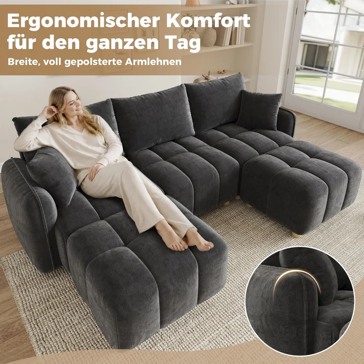 ZUBALIYA L-/U-förmiges wandelbares Ecksofa, 5-Sitzer modulare Sofakombination mit 2 Hockern und Kissen, Chenille-Stoff, Cloud-Sofa, breite Armlehnen, geeignet für Wohnzimmer, Modell N653P7720G – Bild 9