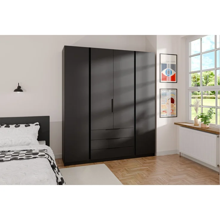 Selsey 'Kaja' Kleiderschrank 4-türig mit 3 Schubladen, schwarz, ca. 239 x 200 x 62 cm – Bild 2