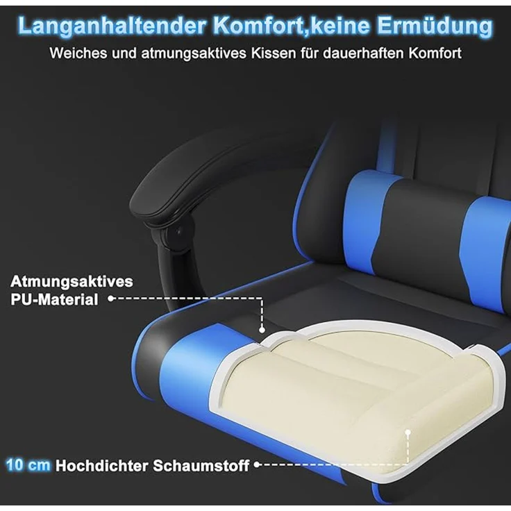 Devoko Gaming Stuhl mit Massagefunktion, Bürostuhl Ergonomisch mit Verstellbarer Ruckenlehne (90-135), Schreibtischstuhl mit Bewegliche Armlehne, max 150kg, Blau – Bild 4