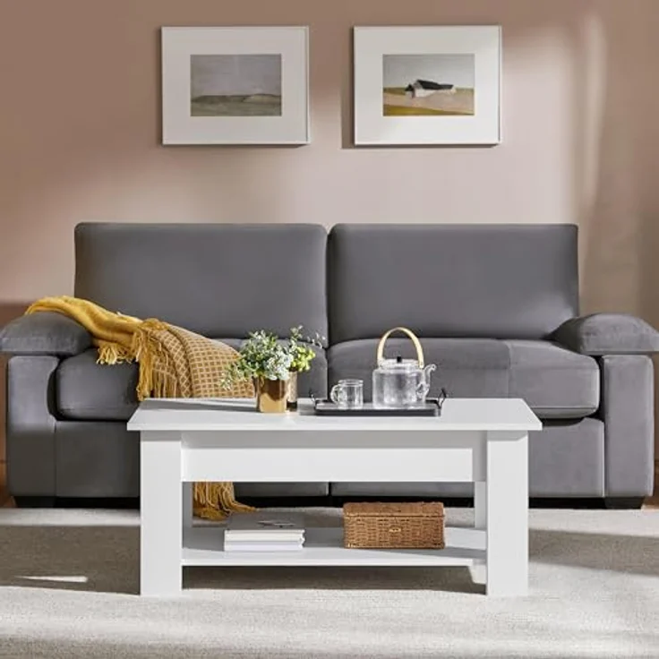 Yaheetech Couchtisch mit Höhenverstellbarer Platte Kaffeetisch ausziehbarer Wohnzimmertisch Sofatisch für Wohnzimmer, Büro, weiß – Bild 3