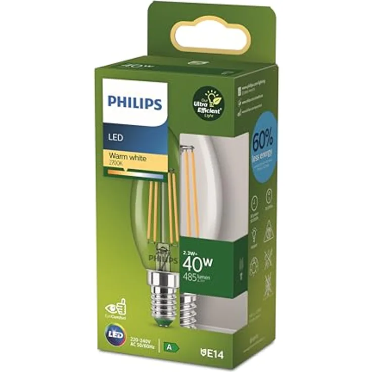 Philips E14 LED-Leuchtmittel, Kerzenform 2,3 W, 485 lm, klar, dimmbar, EyeComfort Qualität