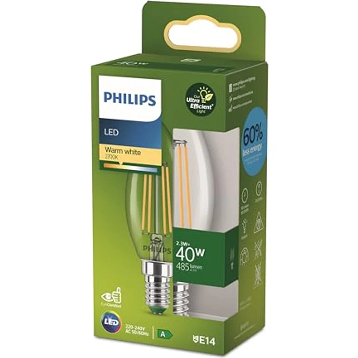 Philips E14 LED-Leuchtmittel, Kerzenform 2,3 W, 485 lm, klar, dimmbar, EyeComfort Qualität – Bild 1