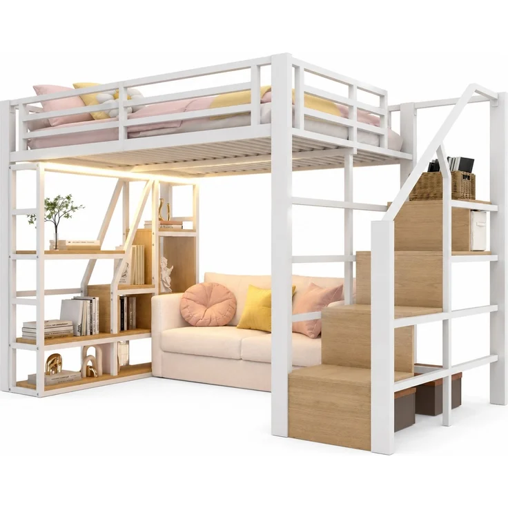 CHICFURN Hochbett Metall und MDF Weiß 140x200 cm mit LED-Beleuchtung und Stauraum – Bild 7