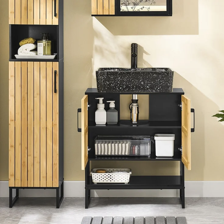 SoBuy BZR202-SCH Waschbeckenunterschrank, MDF, Lackiert, Bambus, 60 x 70 x 30 cm – Bild 6