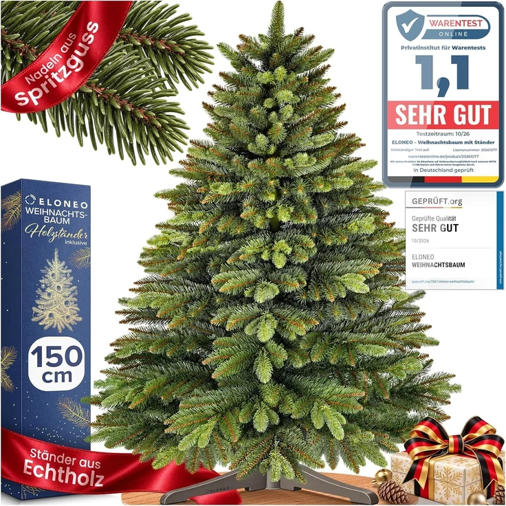 ELONEO Premium Weihnachtsbaum künstlich 150cm mit Holzständer, Christbaum naturgetreu, dichte Zweige, künstlicher Weihnachtsbaum, Christmas Tree, Tannenbaum künstlich -Testsieger- – Bild 1