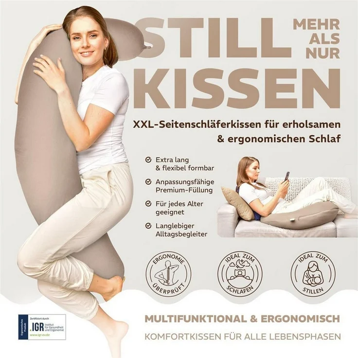 SEI Design Stillkissen Stillkissen XXL Mikroperlen Seitenschläferkissen 190x30 cm Ergonomisch, Schwangerschaftskissen mit Bezug, Schwangerschaftskissen mit Bezug, pflegeleicht – Bild 2
