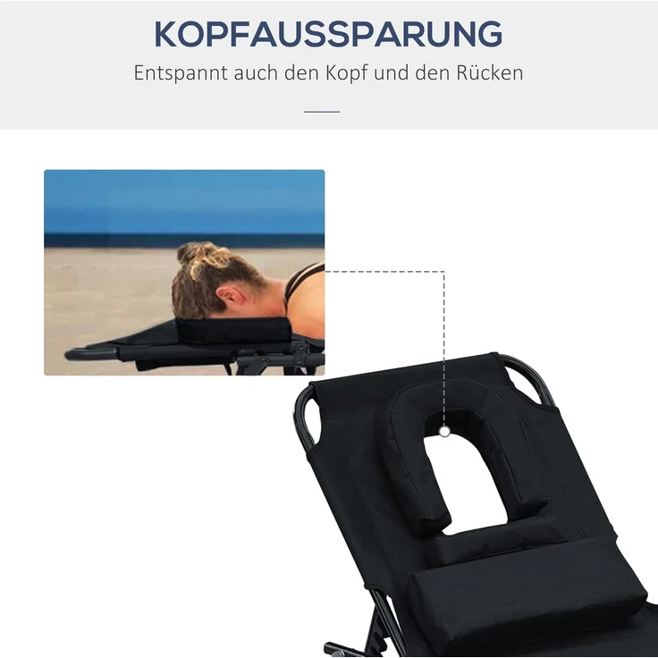 Outsunny Gartenliege Sonnenliege mit Lesefenster Gesichtsöffnung, Dreibeinliege, 1 St, Relaxliege, Schwarz L190 x B56 x H28 cm – Bild 7