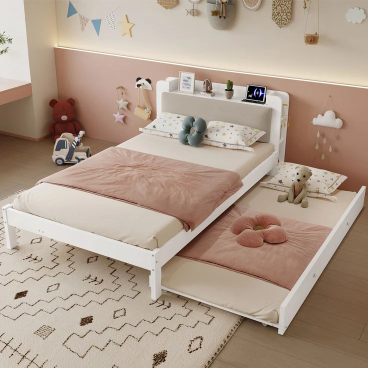 Funktionsbett 120x200 cm Weiß mit Ausziehbett 90x190 cm, Holzbett mit gepolstertem Kopfteil, Kopfteilregal, Ladestation und offenem Stauraum, platzsparendes Gästebett--Weiß--220x125x80cm--YOUDENOVA – Bild 4