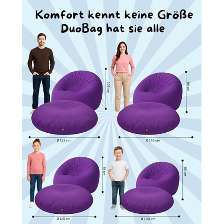 PATCH HOME 2-in-1 Sitzsack Sessel - Gaming Bean Bag mit Reißverschluss - Bereits befüllt, Ergonomisch & Robust für Kinder & Erwachsene - Indoor & Outdoor, Wetterfest (Lila, 155cm) – Bild 3