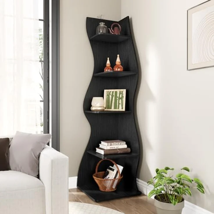 LITTLE TREE Bücherregal Ecke, Modernes Regal Schmal mit 6 Ebenen, 50 x 48 x 179 cm Bücherregal Holz, Standregal mit Wellen-Design für Kleine Räume, Wohnzimmer & Schlafzimmer, Schwarz, 2er Pack – Bild 9