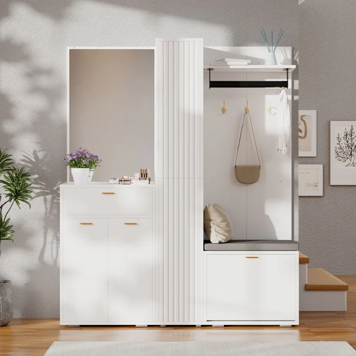 CHICFURN Schrank 150x180x36 cm mit Spiegel, Sitzbank und Schuh-Kippfach – Weiß – Bild 3