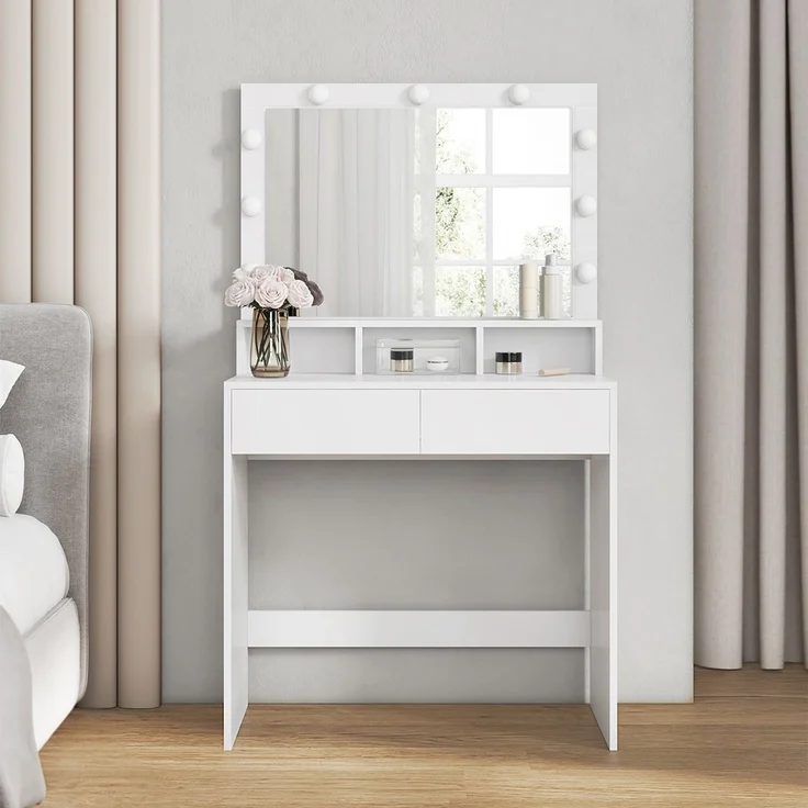 Vasagle Schminktisch mit 9 LED-Glühbirnen und Spiegel, Holz weiß, 140 x 80 x 40 cm – Bild 2