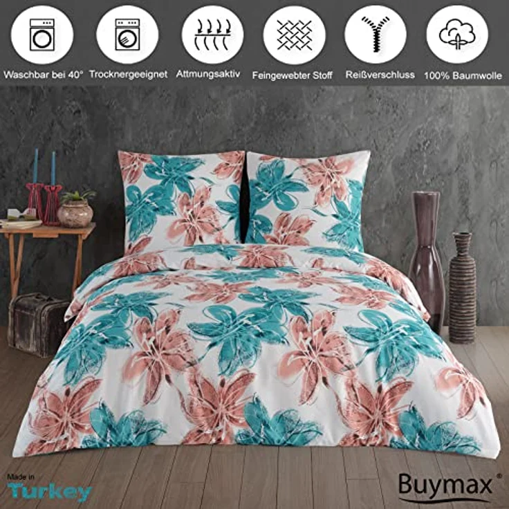 Buymax Bettwäsche Bettbezug-Set Trendy, Renforce: 100% Baumwolle, 2 teilig, 155x220 cm, Reißverschluss, hochwertig, Weiß, Türkis, Altrosa – Bild 3