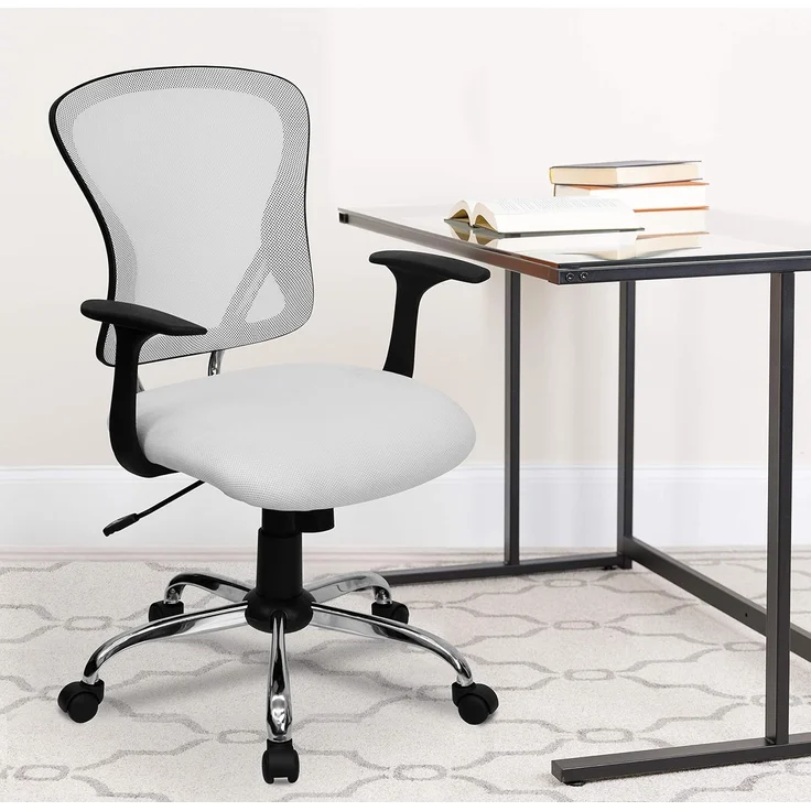Flash Furniture Alfred Bürostuhl mit mittlerer Rückenlehne, Netzstoff, Drehstuhl mit Chromfuß und Armlehnen, Weiß – Bild 2