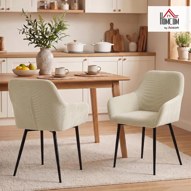 HOMCOM Esszimmerstuhl, Cord (100 % Polyester), Cremeweiß, 58 x 59,5 x 81,5 cm – Bild 2