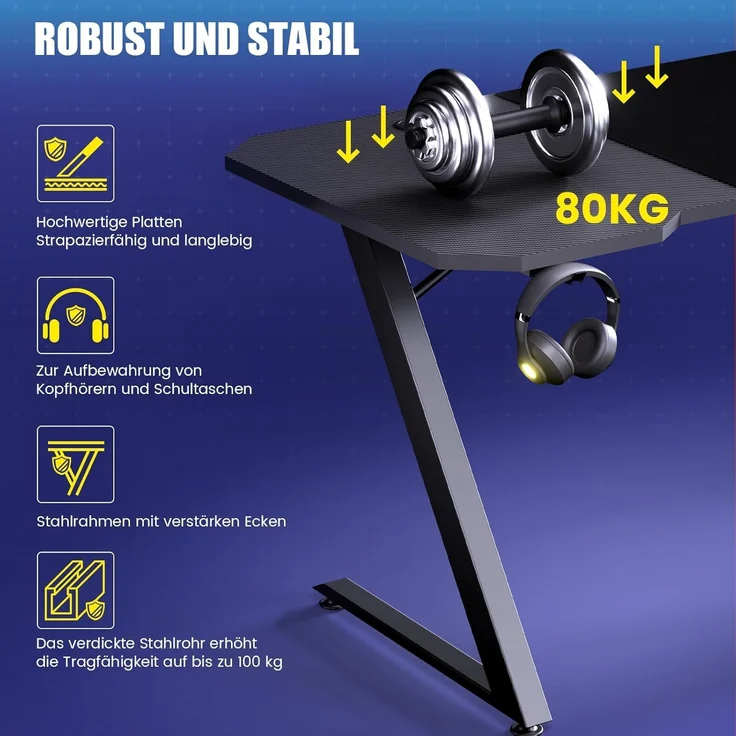 GTPLAYER Schreibtisch Gaming Tisch Schreibtisch mit Mauspad PC Tisch Kohlefaseroberfläche, Stabiler Computertisch mit Kopfhörerhaken, Schwarz – Bild 5
