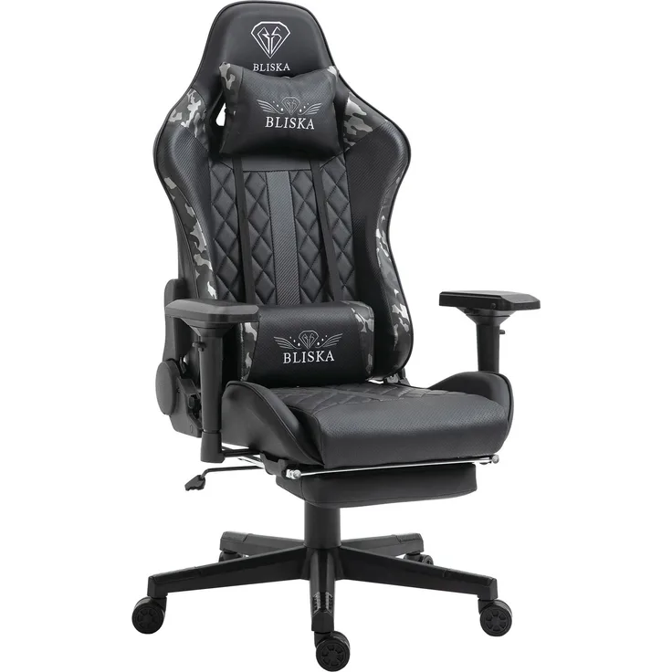 Gaming Stuhl Chair Racing mit Fußstütze und ergonomsichen 4D-Armlehnen Schwarz/Military -Grau