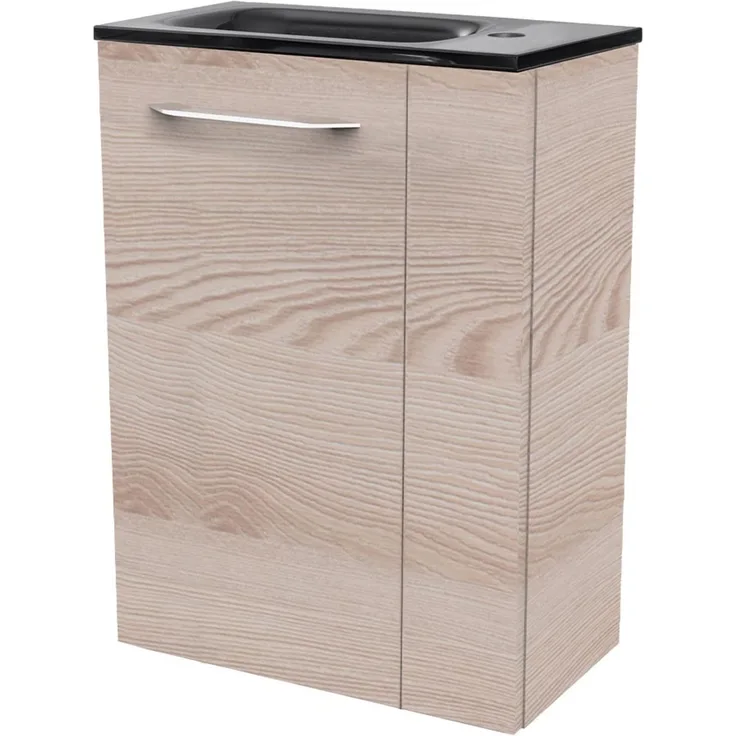 FACKELMANN SBC B.CLEVER Gäste WC Waschtisch Set 45 cm breit, Braun hell, Waschbecken Glas Anthrazit, Türanschlag links