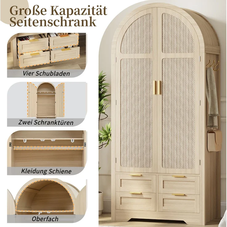 DESVIAE Garderobenschrank Eiche aus MDF – 80x180x50 cm – Rattantüren, Schubladen – Bild 4