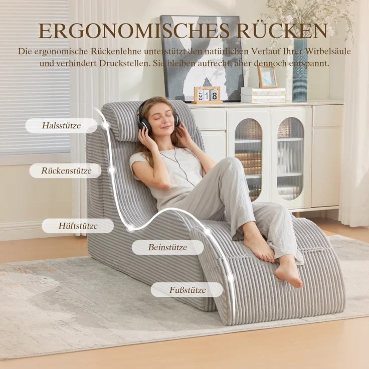 LVHOM Relaxsessel Ergonomisches Design, Lesesessel mit verstellbarer Kopfkissen und Sitzkissen, Fernsehsessel mit Seitentasche, Cord Bezug, bis 200kg belastbar – Bild 5