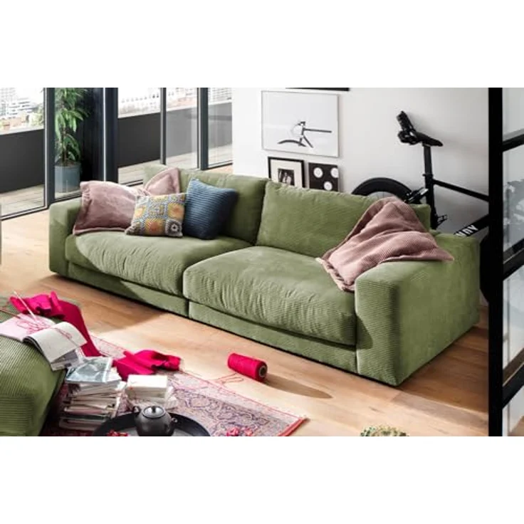 Kawola 3-Sitzer Sofa Madeline, Grün, Textil, Komfortschaum, 290x85x127 cm, zeitloser Cord-Stoff – Bild 4