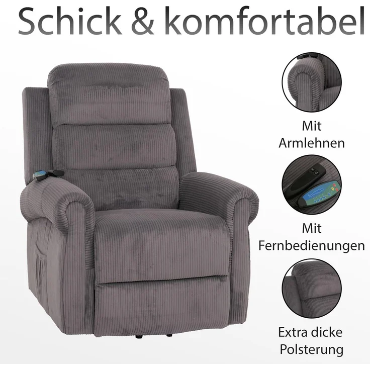 Fernsehsessel HWC-K63, Relaxsessel, Liegefunktion Aufstehhilfe Massage Heizfunktion, Stoff (220g/m²) Cord ~ creme-weiß – Bild 3