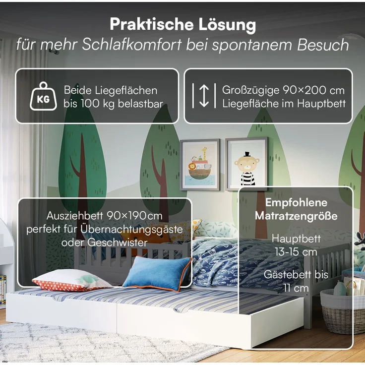 Bellabino 'Vils' Kinderbett 90x200 cm mit Gästebett 90x190 cm und 2 Matratzen, weiß, Kiefer Massivholz, Montessori Bett mit Ausziehbett, mit abnehmbarem Rausfallschutz und Lattenrost – Bild 4
