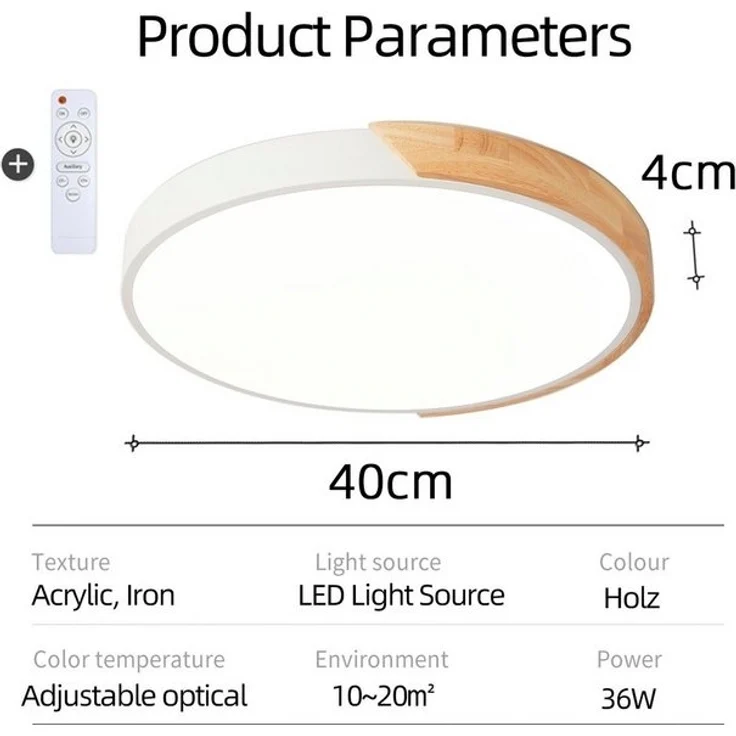 style home Deckenleuchte Runde LED Deckenlampe dimmbar mit Fernbedienung, Warmweiß bis Kaltweiß, 3000K-6000K, 36W Holz Lampe für Wohnzimmer Büro Schlafzimmer 40x40x4cm – Bild 4