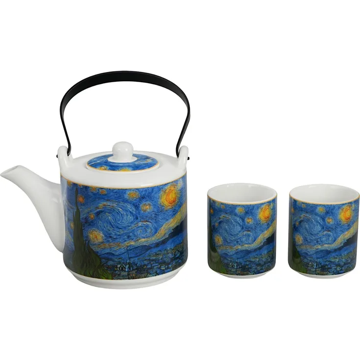 DUO ART GALLERY Teekanne 600 ml mit 2 Bechern STARRY NIGHT inspired by Van Gogh, New Bone China Porzellan