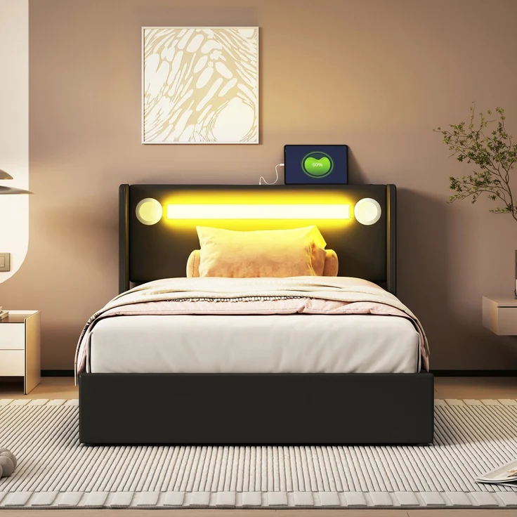 Polsterbett Kinderbett 90x200 Bett mit LED-Lichtleiste, Bluetooth-Player und USB-Aufladung, PU-Leder-Aufbewahrungsbett, Hochbettkasten, Jugendbett mit Lattenrost – Bild 4