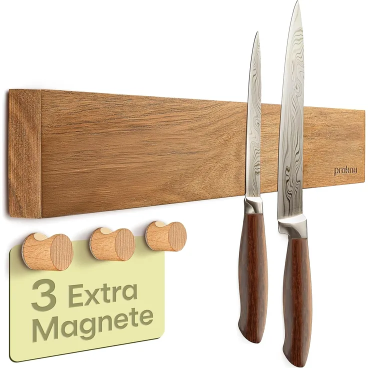 Praknu Wand-Magnet Messer-Leiste Magnetleiste Messer selbstklebend 40 cm - Messerhalter aus (1tlg), Mit 3 magnetischen Haken und Kleber - Ohne Messer - Einfache Montage