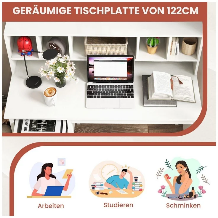 COSTWAY Schreibtisch, mit 2 Schubladen & 5 Fächern, bis 95kg, 120x60x110cm – Bild 3