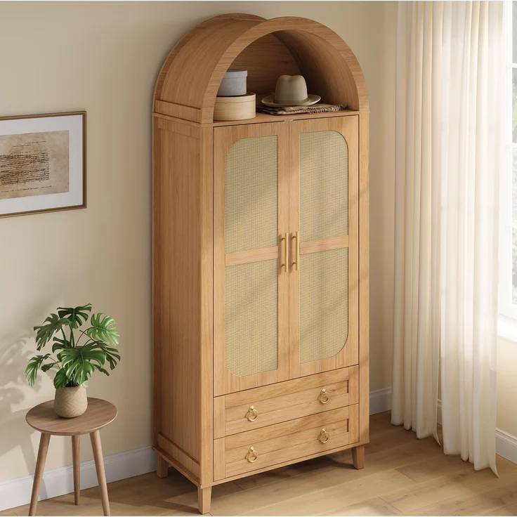 Kleiderschrank 76 x 50 x 184 cm in Natur mit Rattan-Dekor und App-gesteuerter LED-Beleuchtung – Bild 2