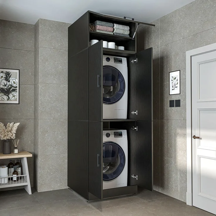Roomart Waschmaschinenschrank DORA-II- Waschmaschinen- & Trocknerschrank mit Türen & Ausziehbrett – Waschküchenschrank für Waschmaschine & Trockner • Schwarz-Eiche