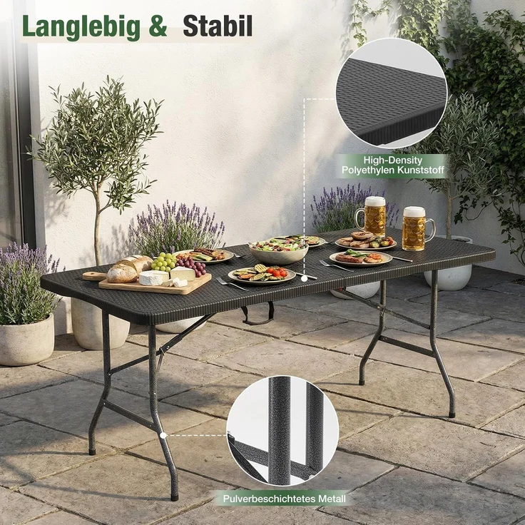 Sekey Buffettisch Tisch Klappbar Kunststoff 180 cm Campingtisch mit Tragegriff Partytisch Klapptisch Gartentisch für Garten Terrasse und Balkon, Schwarz Rattanoptik – Bild 7