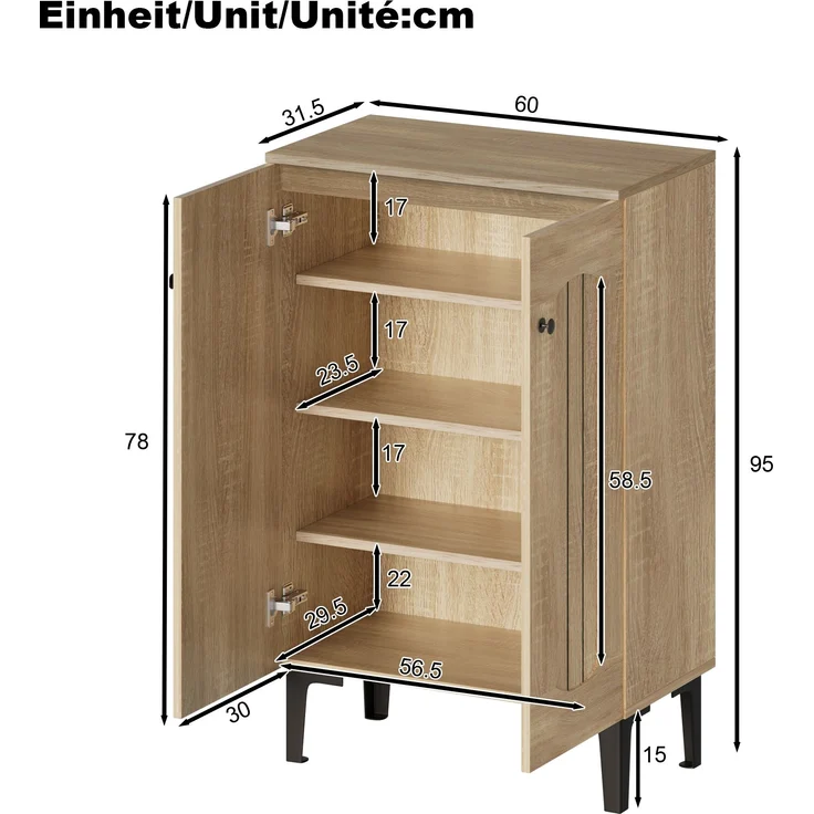 Schuhschrank, Holzfarbe aus Spanplatte mit Doppeltüren & Ablagefläche, 60x31,5x95 cm – Bild 10